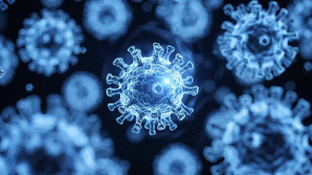 A striking 3D rendering of numerous glowing blue virus particles on a dark background, representing microscopic pathogens and disease.