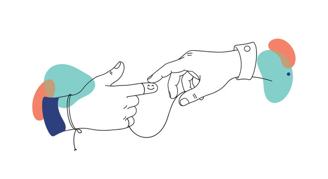 Conceptual illustration of two hands with a red thread of fate connecting pinky fingers in a symbol of soulmate connection.