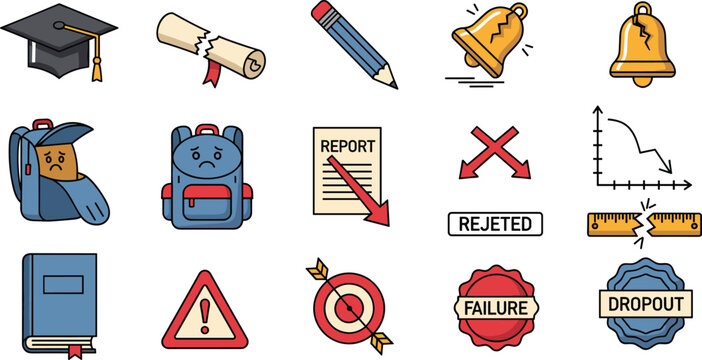 Education Failure School Problem Icon Set Report Rejected Dropout