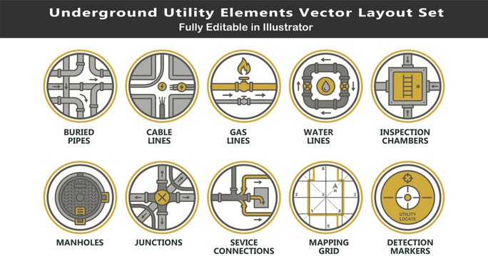 Underground utility vector icons set, top view infrastructure mapping symbols, buried pipes, cables, gas lines, manholes, junctions, CAD diagram