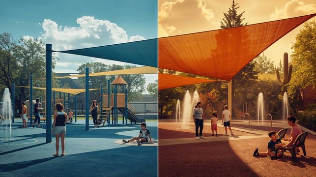 People cooling off at a splash pad with shade sails and water features
