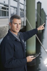 Fototapeta premium Slip assignment officer directing dockside operations with a handheld device