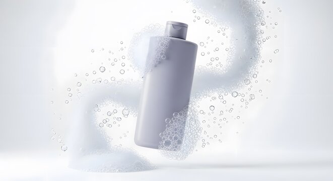 Grey bottle with soap bubbles floating.