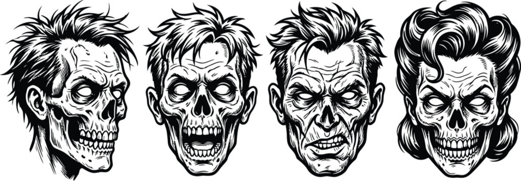 Four creepy stylized head illustrations of undead or monstrous figures
