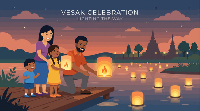 A joyful flat design illustration showing a family celebrating Vesak by lighting and releasing beautiful floating lanterns by a serene river at dusk.