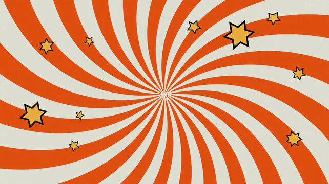 A vibrant and playful illustration of swirling orange stripes and yellow stars on a white background