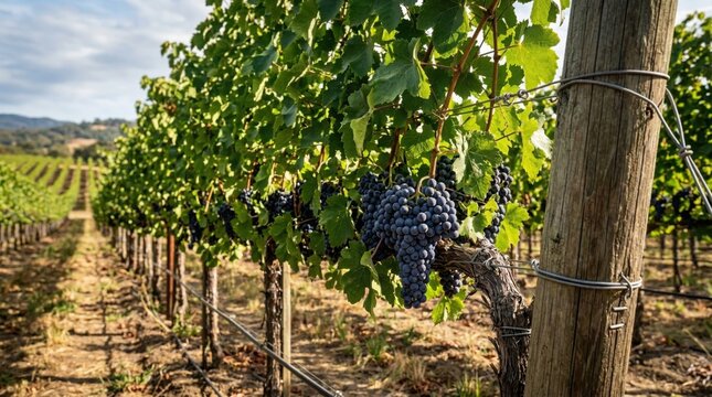 Vineyard trellis system with grapes and sunlight
