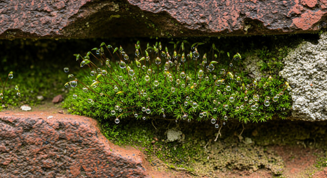 Macro of Green Moss with Clear Water Droplets on Weathered Brick