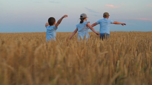 Child kids running through wheat field, run children group boy girl wheat field, agriculture, friends outdoors, people nature, boy and girl playing together, outdoor adventures, children running in
