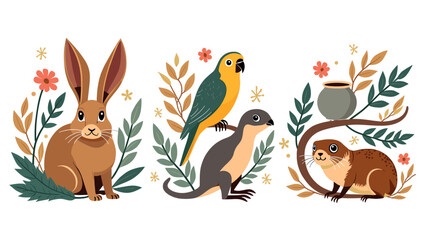 A cheerful cartoon rabbit sits amidst foliage, creating a whimsical and inviting image. Ideal for children’s illustrations, springtime marketing, or b © odg10