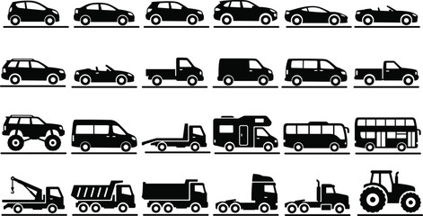 Large Collection of Black and White Vector Icons Featuring Various Vehicle Types Including Cars Trucks Buses Industrial Machinery and Logistics Transportation for Automotive Design Projects. © Nayan