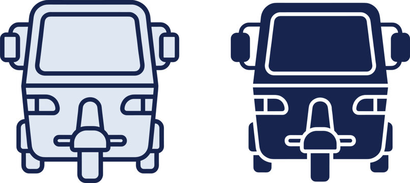 Two flat vector icon versions of an auto rickshaw or tuk tuk in outline and solid styles showing the front view for transport design.