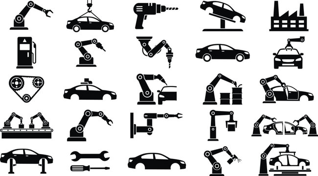 Comprehensive collection of black car factory and automotive manufacturing icons featuring robotic arms, assembly lines, industrial tools, vehicle parts, and production plant symbols in flat vector.