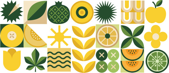 Modern Abstract Geometric Food and Fruit Pattern Featuring Stylized Pineapple Orange Apple and Leaves in a Flat Minimalist Mid-Century Scandinavian Style Vector Background. © Nayan