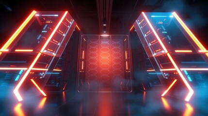 Naklejka premium Futuristic corridor. Neon lights illuminate dark metallic surfaces. Symmetry creates dramatic perspective, hinting at technology.