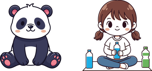 Cute panda sitting and little girl holding water bottles, hydration and healthy lifestyle themed cartoon vector illustration for children design © sumi