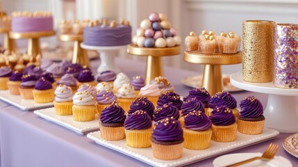Fototapeta premium Elegant dessert table featuring assorted cupcakes, decorated cakes, and colorful treats in purple and gold hues, ideal for celebrations and events