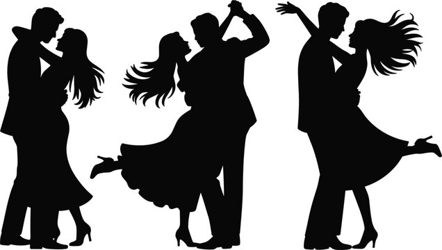 Set of silhouettes featuring romantic couples dancing together, celebrating wedding anniversaries and formal party events