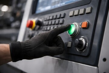 Fototapeta premium Gloved hand pressing green start button on industrial machine control panel, manufacturing automation concept