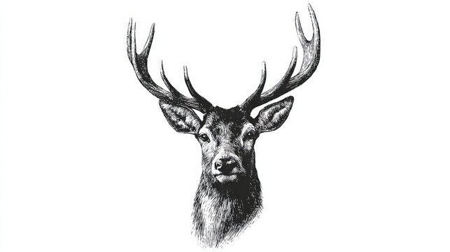 A detailed black and white illustration of a deer with large antlers on a plain background