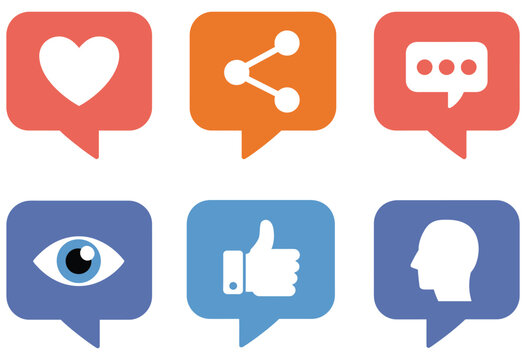 Red and Blue Speech Bubble Icons, Social Media Engagement Symbols, Like Heart Share Eye Profile, Comment Section UI, Vector Illustration Collection, Isolated Background