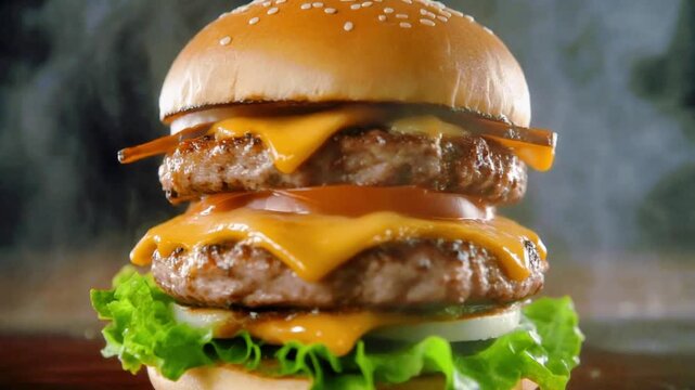 Double cheeseburger macro close-up, melting cheese layers, juicy texture, cinematic lighting, shallow depth of field, ultra realistic fast food commercial video in 8K