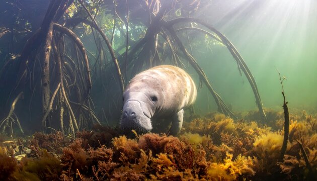 An Elegant Manatee Drifting Peacefully Among Sunlit Mangrove Roots in its Natural Aquatic Habitat