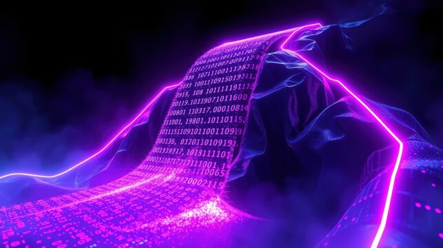 Futuristic scene depicts glowing binary code cascading from robotic hand. Purple, blue hues dominate dark background. Digital world concept.