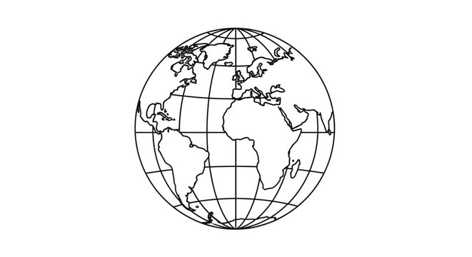 Global wireframe Earth globe outline with latitude and longitude grid lines, illustrating a world map on an isolated white background.