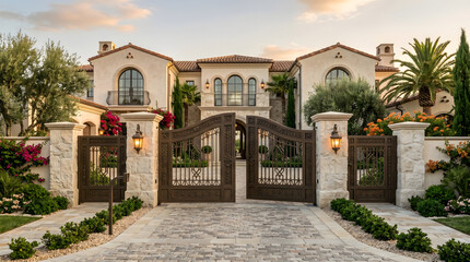 Naklejka premium Luxury Mediterranean Estate Entrance with Ornate Wrought Iron Gates and Cobblestone Driveway at Sunset