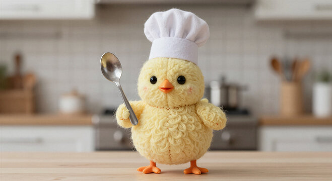 Cute yellow chick wearing a chef's hat holding a spoon
