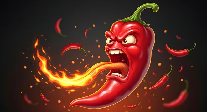 A cartoon red chili pepper with a fierce expression breathing fire on a transparent background