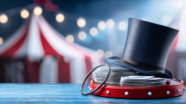 Elegant Ringmaster's Podium with Decorative Hat and Coiled Whip Display