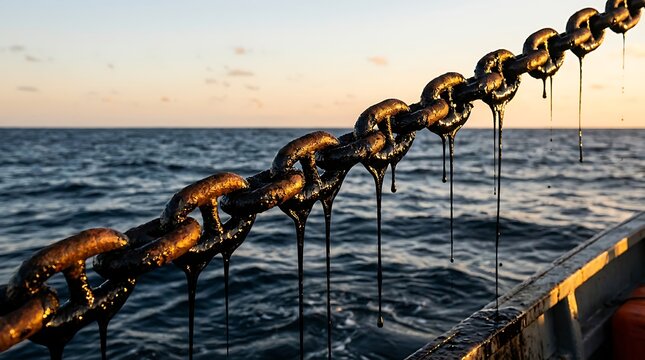 Thick black oil dripping from rusty metal chain links over dark choppy ocean water during sunset with soft clouds and golden light reflecting off surface.