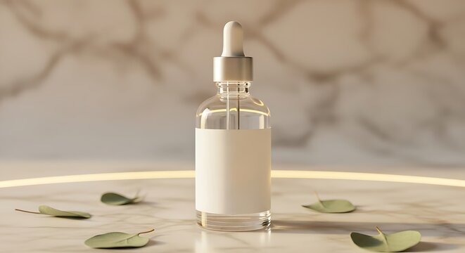 Minimalist glass bottle with white liquid and dropper on marble surface with green leaves