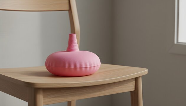 A pink whoopee cushion on a wooden chair in a bright room for an April fools day prank concept, representing humor and practical jokes in a minimalist interior setting
