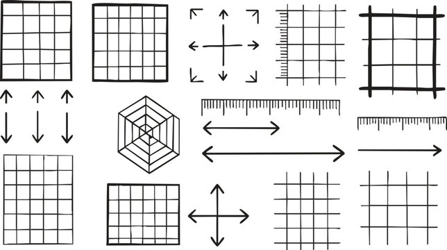 Black Minimalist Grid Graph Ruler Arrow and Geometric Cube Design Elements Set on White Background
