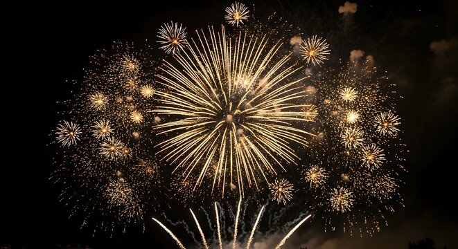 A vibrant fireworks display explodes in the night sky on transparent background