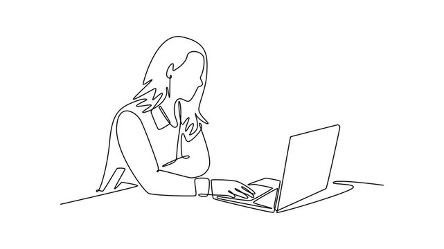 student using laptop while studying during computer class at high school. Activity School concept. Single line draw design. Full length animation illustration. High quality 4k footage