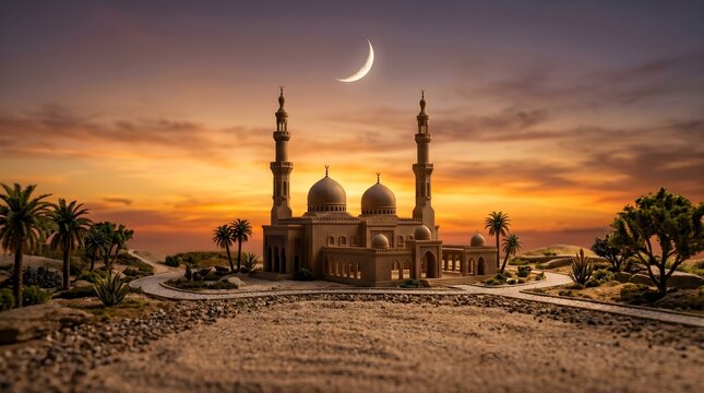 A miniature model of the sheikh zayed grand mosque stands beautifully against a vibrant sunset and crescent moon high quality professional