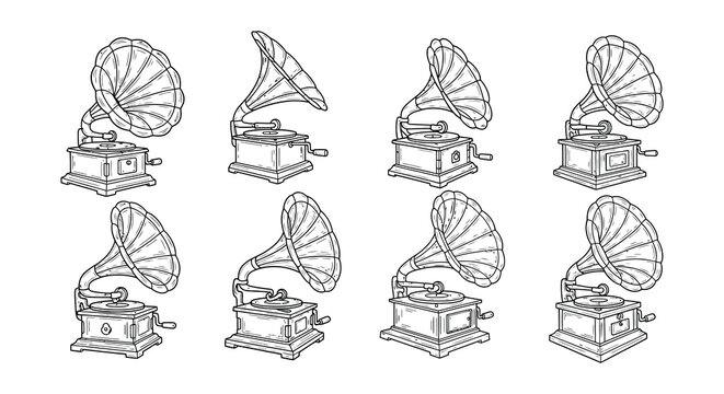 Line art illustration of vintage gramophones in various arrangements