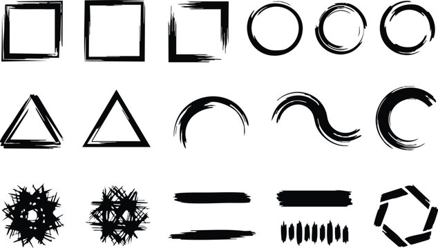 Set of black hand drawn grunge geometric shapes including circles, squares, and triangles isolated on white background