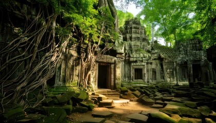 Naklejka premium Mystical Ta Prohm Temple - Ancient Ruins Embraced by Jungle Roots in Cambodia.