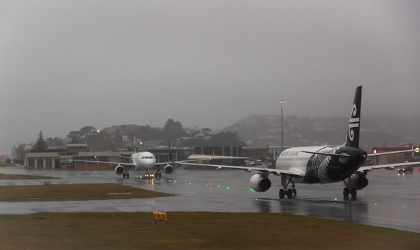 Air New Zealand on the tarmac at Wellington International Airport during Cyclone Vaianu, and amid a global fuel crisis. Image taken, April 12, 2026.