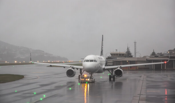 Air New Zealand on the tarmac at Wellington International Airport during Cyclone Vaianu, and amid a global fuel crisis. Image taken, April 12, 2026.