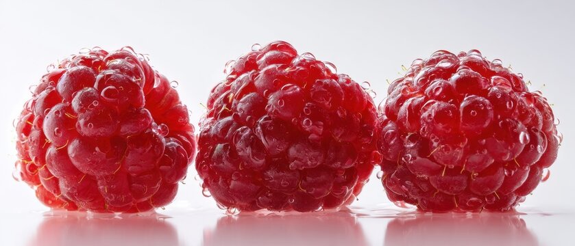 The Raspberries In Closeup On White Background With Water Droplets And Reflection