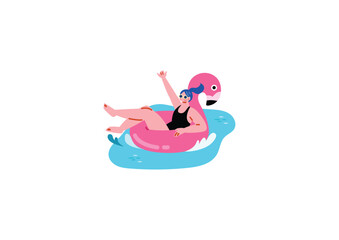 フラミンゴの浮き輪に乗る女性のイラスト © Sami