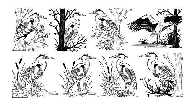 A collection of detailed line art illustrations depicting herons in nature