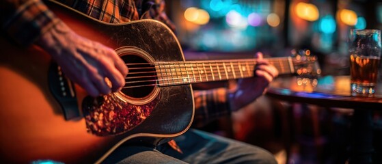 Obraz premium The Acoustic Guitar Being Played in a Cozy Dimly Lit Bar with Warm Bokeh Lights