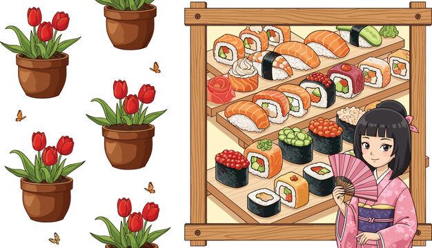 Tulip flower pots pattern and sushi display with Japanese girl in kimono cartoon vector illustration set isolated decorative design elements collection